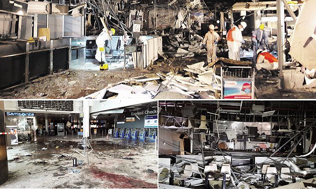 Damage is seen inside the departure terminal following the March 22, 2016 bombing at Zaventem Airport, in these undated photos made available to Reuters by the Belgian newspaper Het Nieuwsblad, in Brussels, Belgium, March 29, 2016.  Het Nieuwsblad via REUTERSATTENTION EDITORS - THIS PICTURE WAS PROVIDED BY A THIRD PARTY. IT IS DISTRIBUTED BY REUTERS AS A SERVICE TO CLIENTS. EDITORIAL USE ONLY. NOT FOR SALE FOR MARKETING OR ADVERTISING CAMPAIGNS. NO RESALES. NO ARCHIVE. BELGIUM OUT. NO COMMERCIAL OR EDITORIAL SALES IN BELGIUM.         TPX IMAGES OF THE DAY