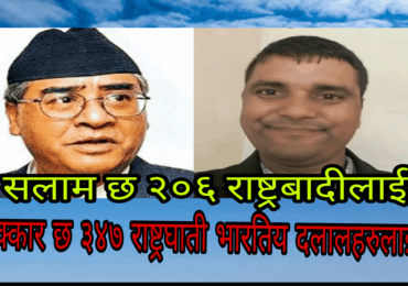 सलाम छ २०६ जना राष्ट्रबादी महान नेताहरूलाई-धिक्कार छ ३४७ राष्ट्रघाती भारतिय दलालहरुलाई !